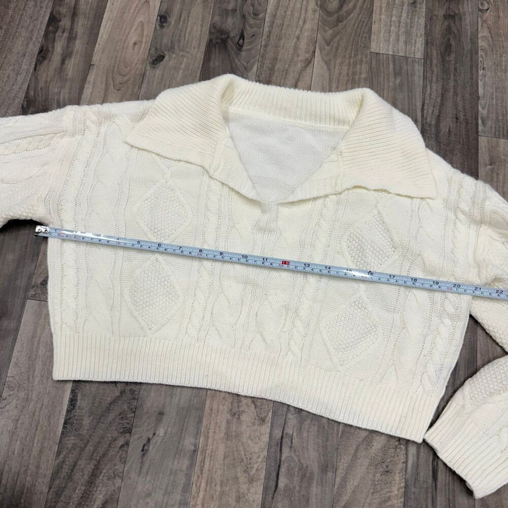 Cableknit Cropped Collared White Sweater - image 4